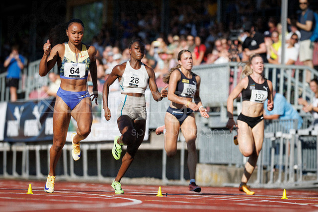 PUMA Fast Arms, Fast Legs; Wetzlar, 10.07.2026 | WETZLAR, GERMANY - JULY 10, 2026 : Imani Lansiquot (Great Britain &amp; N.I.), Aimara Nazareno (Ecuador), Mia Louisa Schmitz (USC Mainz), Laura Mier (Sprintteam Wetzlar) competing in the 100m during the athletics meeting PUMA Fast Arms, Fast Legs at Stadion Wetzlar on July 10, 2026 in Wetzlar, Germany.