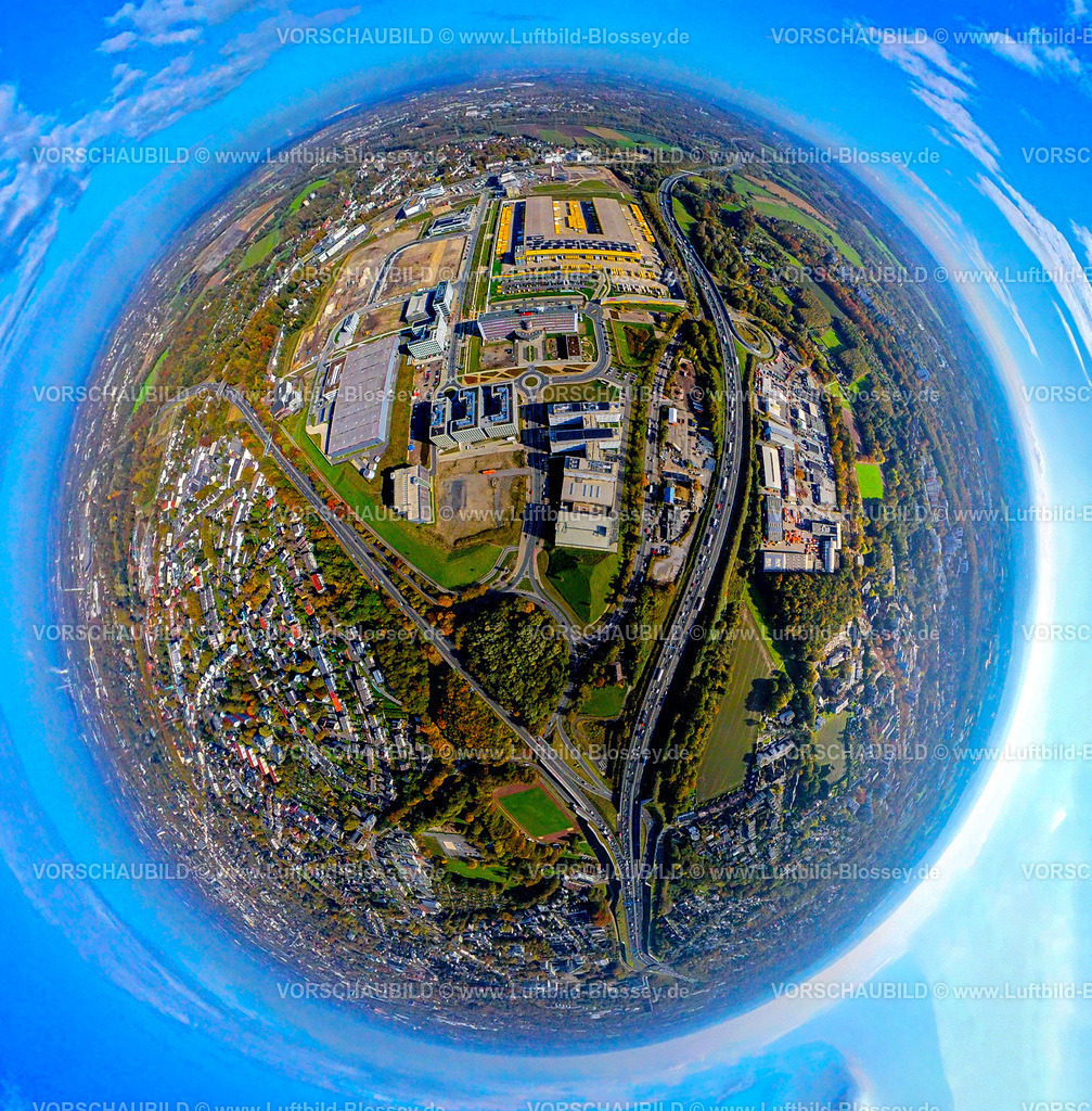 Bochum241090429OPEL | Luftbild, Großbaustelle Mark 51/7, O-Werk Campus und Neubau Wissenschafts- und Technologiequartier, ehemaliges Opel Areal an der Autobahn A448, Erdkugel, Fisheye Aufnahme, Fischaugen Aufnahme, 360 Grad Aufnahme, tiny world, little planet, fisheye Bild, Laer, Bochum, Ruhrgebiet, Nordrhein-Westfalen, Deutschland