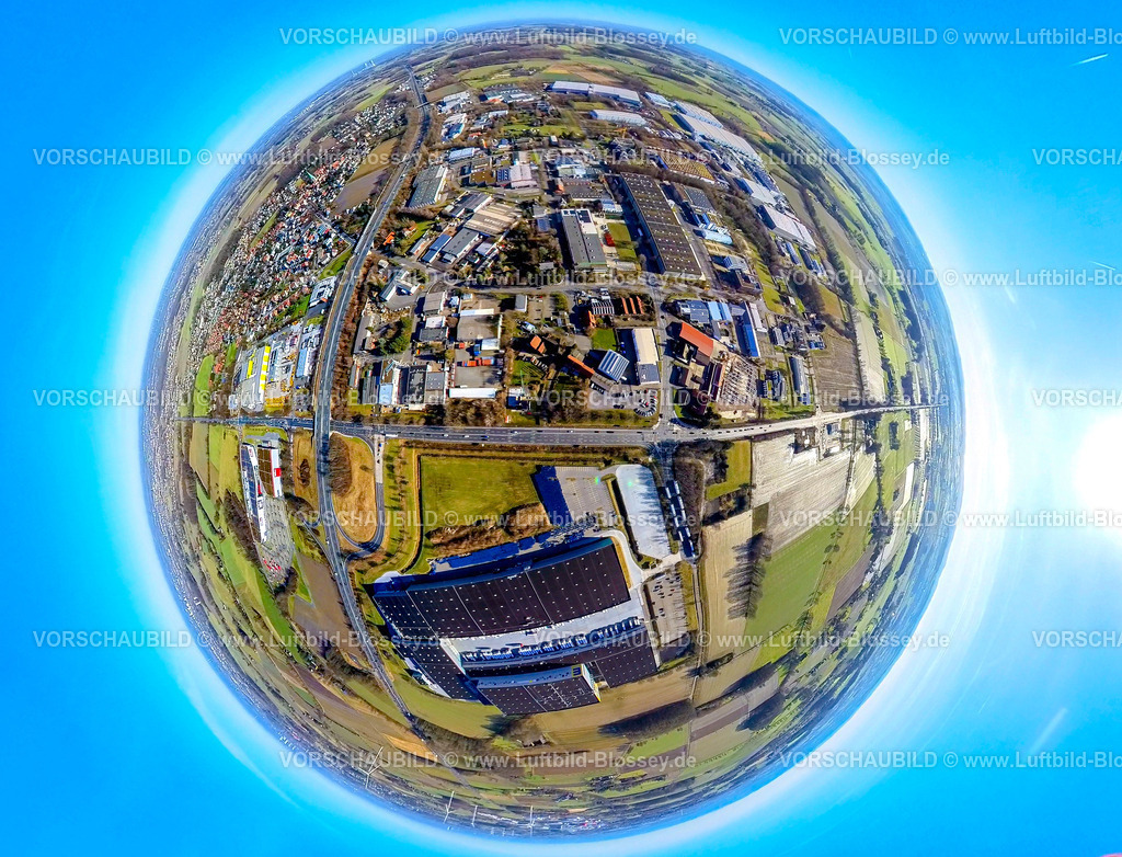 Hamm240190134GewerbegebietRhynern | Luftbild, Gewerbegebiet Rhynern an der BAB Autobahn A2, umgeben von Wiesen und Feldern, Erdkugel, Fisheye Aufnahme, Fischaugen Aufnahme, 360 Grad Aufnahme, tiny world, little planet, fisheye Bild, Stadtbezirk Rhynern, Hamm, Ruhrgebiet, Nordrhein-Westfalen, Deutschland