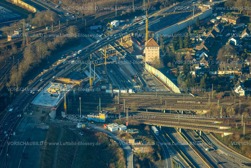 Duisburg241202565 | Luftbild, Autobahnkreuz Kaiserberg, Autobahn A3 und Autobahn A40, Baustelle Regenrückhaltebecken, Duissern, Duisburg, Ruhrgebiet, Nordrhein-Westfalen, Deutschland