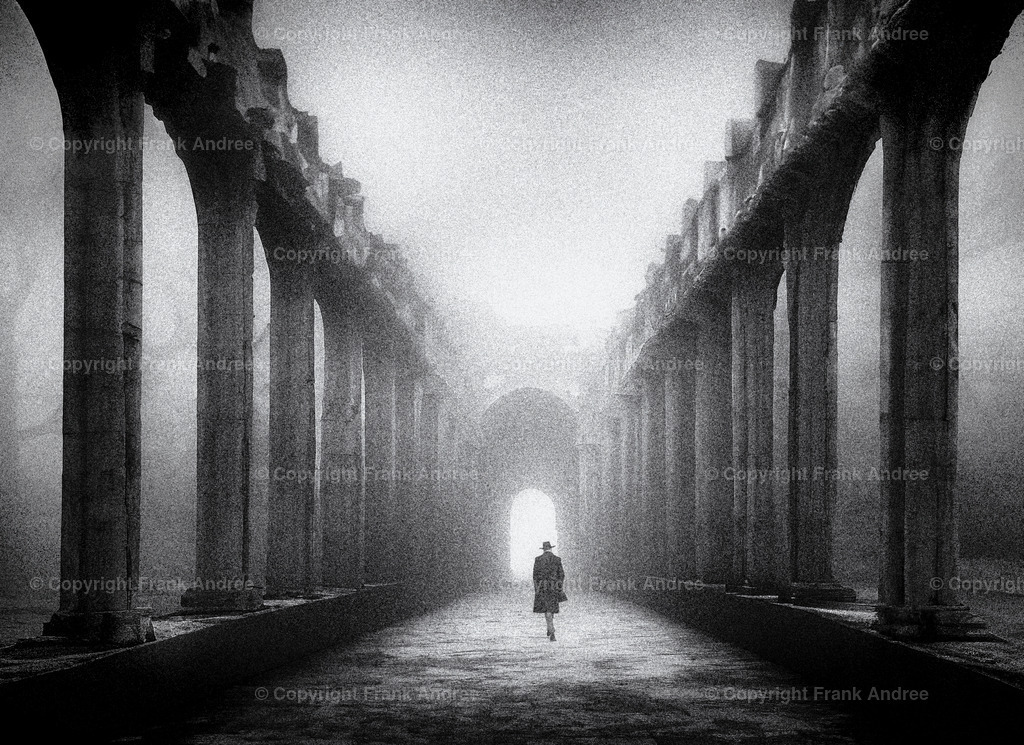 Quo Vadis | Ein Mann geht allein durch eine alte zerfallene Arkade an einem nebligen Tag. Digitale Kunst in schwarz weiß - Realisiert mit Pictrs.com