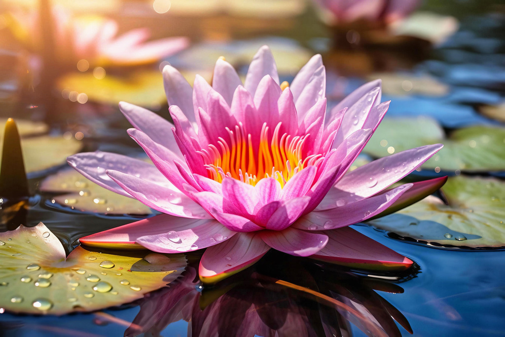 2312020 - Seerose | Eine rosa farbene Seerose im Sonnenlicht - Wandbild oder Poster im Stil einer Fotografie.
