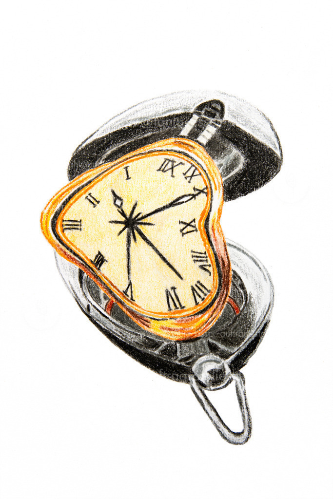 Uhr Perspektive | Buntstift Illustration zeigt eine Uhr mit römischen Ziffern. Die Uhr wurde in falscher Perspektive gezeichnet. Experiment mit schiefen Perspektiven. Weißer Hintergrund.