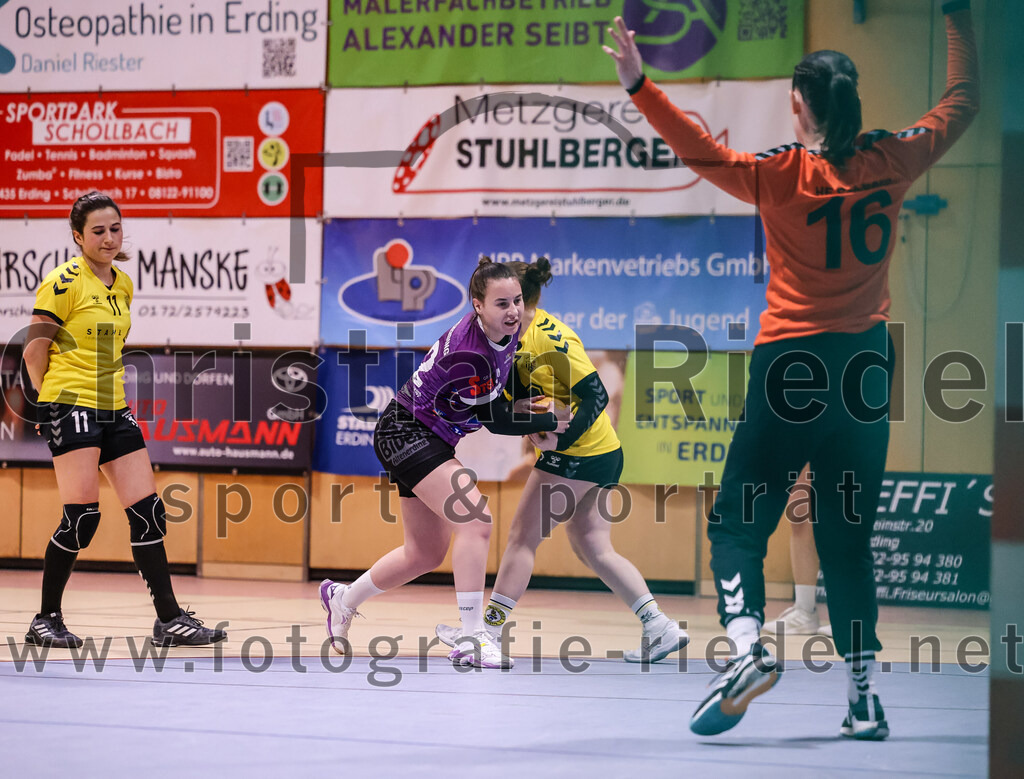 2025-01-11_049_SpVgg_Altenerding_gegen_HF_Scheyern | Erding, Deutschland, 11.01.2025:Handball, Bezirksoberliga Frauen Altbayern 2024 / 2024, 10. Spieltag, SpVgg Altenerding gegen HF Scheyern, Endergebnis: 20:23Lieselotte Landskron (HF Scheyern, #11), Johanna Taubmann (SpVgg Altenerding, #22), Karolin Kollmar (HF Scheyern, #16)Foto: Christian Riedel / fotografie-riedel.net