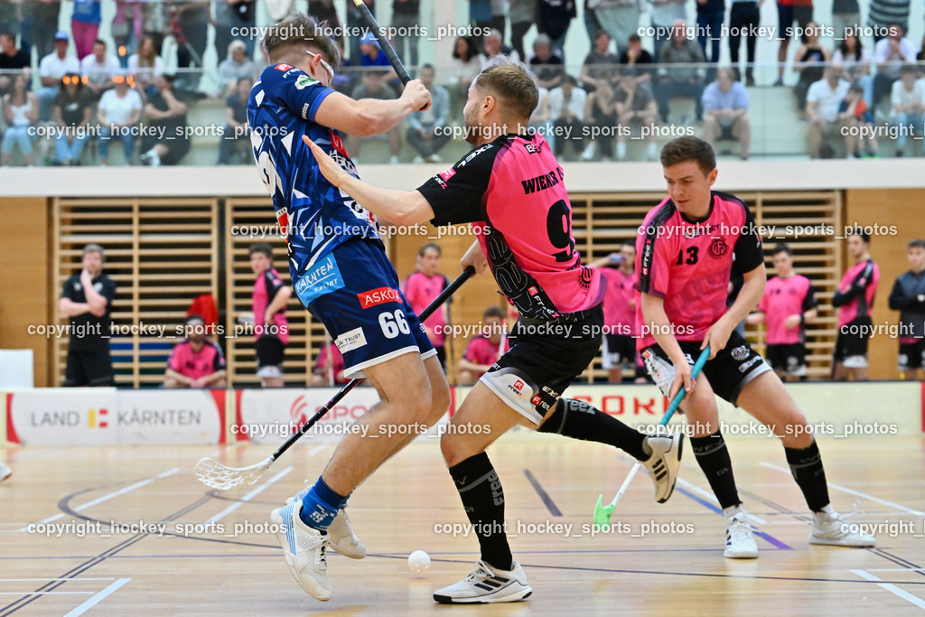 VSV Unihockey vs. Wiener Floorballferein 6.4.2024 | #66 Jakob Rainer VSV Unihockey, #9 Laurin Zehetner Wiener Floorballverein, VSV Unihockey vs. Wiener Floorballferein 6.4.2024, VSV Unihockey vs. Wiener Floorballferein  am 06.04.2024 in Villach (Ballspielhalle St. Martin), Austria, (Photo by Bernd Stefan)