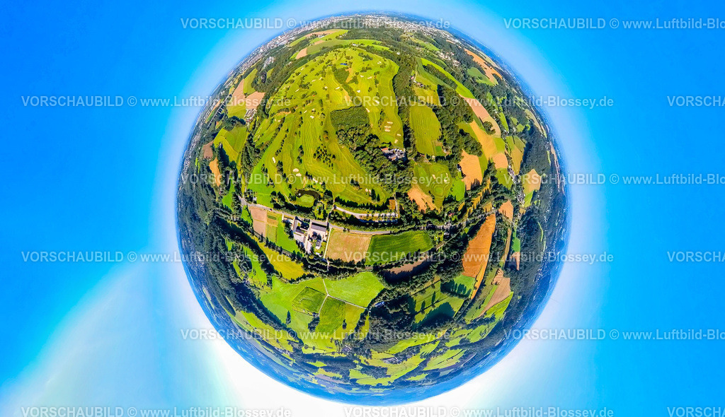 Velbert240890712Langenberg_GolfClubGutKuhlendahl | Luftbild, Golfwiese Golfclub Velbert Gut Kuhlendahl e.V., Erdkugel, Fisheye Aufnahme, Fischaugen Aufnahme, 360 Grad Aufnahme, tiny world, little planet, fisheye Bild, Bleiberg, Velbert, Ruhrgebiet, Nordrhein-Westfalen, Deutschland