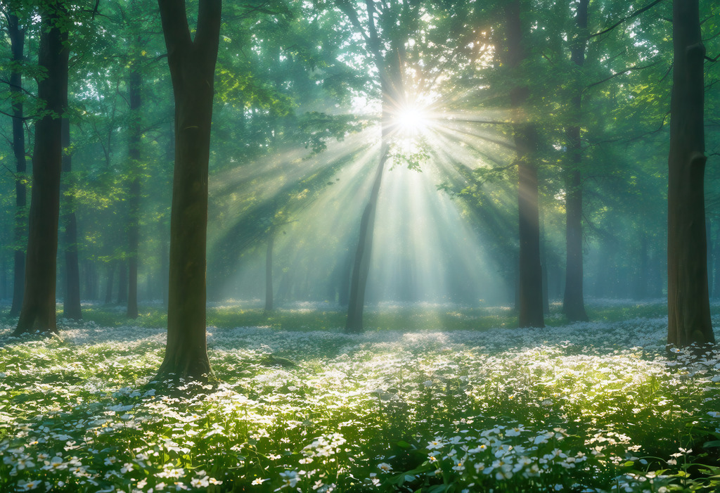 Wandbild: Lichtstrahlen über Blütenmeer | Dieses eindrucksvolle Wandbild zeigt einen friedlichen Wald im Morgenlicht: Sonnenstrahlen brechen sanft durch das dichte Blätterdach und tauchen den Waldboden, bedeckt von unzähligen weißen Blüten, in magisches Licht. Das Bild vermittelt Ruhe, Naturverbundenheit und eine fast märchenhafte Atmosphäre – ideal für Wohnzimmer, Schlafzimmer oder Meditationsräume. KI-generierte Inhalte.