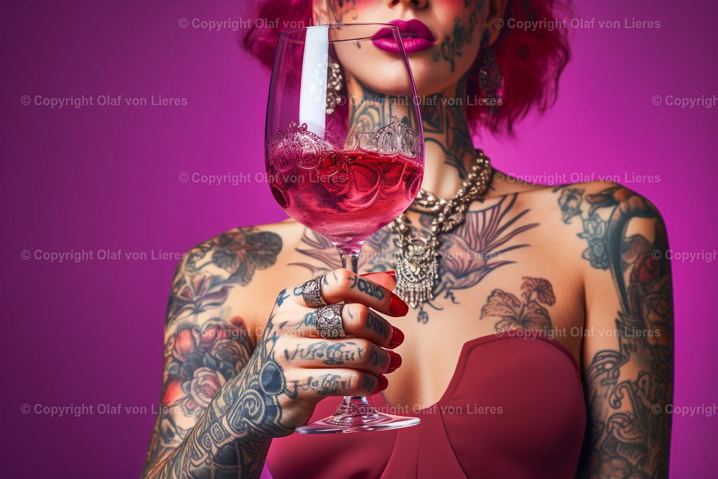 tätowierte Frau mit Sektglas | Sektglas pink