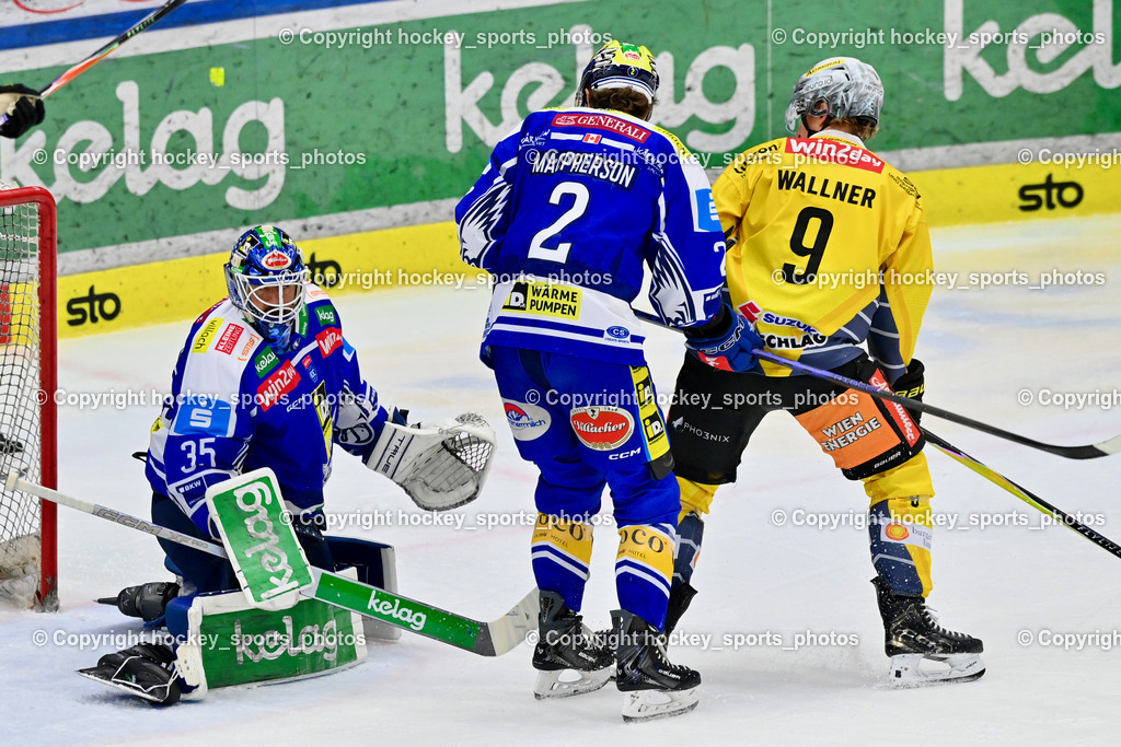 EC IDM WÄRMEPUMPEN VSV vs. Vienna Capitals | #35 Joe Cannata EC VSV, #2 Dylan MacPherson EC VSV, #9 Leon Wallner Vienna Capitals, EC IDM WÄRMEPUMPEN VSV vs. Vienna Capitals, EC IDM WÄRMEPUMPEN VSV vs. Vienna Capitals am 16.11.2025 in Villach (Stadthalle Villach), Austria, (Photo by Bernd Stefan)