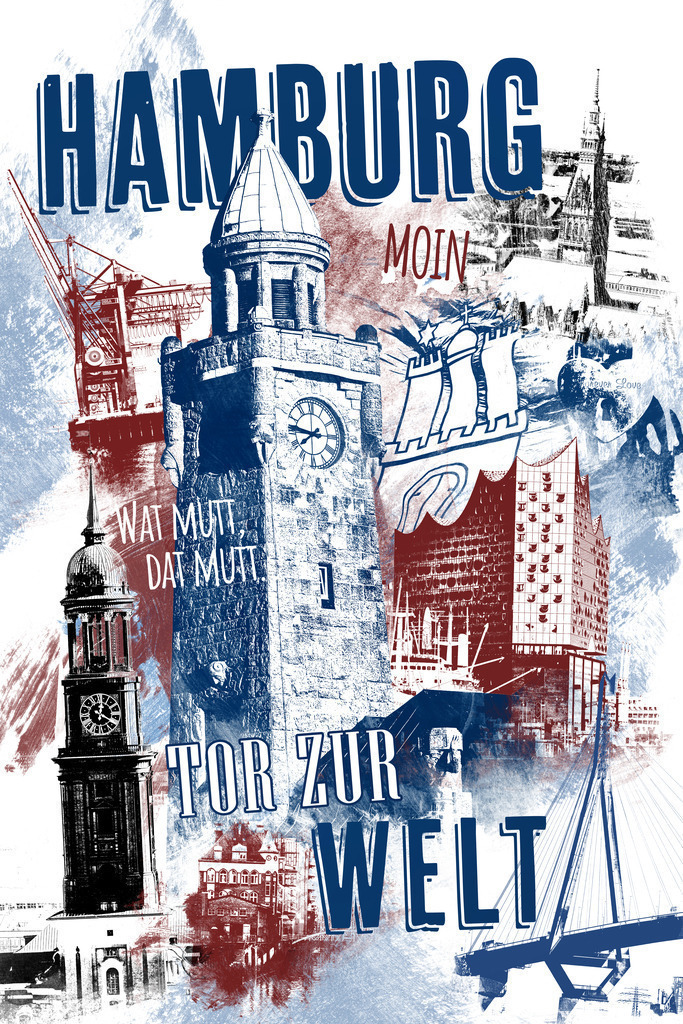 10221212 - Hamburg - Tor zur Welt | Für unsere neue Hamburg-Collage haben wir uns vom Stil alter Werbeplakate inspirieren lassen und so eine ganz besondere Collage im Vintage-Look kreiert. Wie alle unsere Motive ist auch dieses Bild natürlich exklusiv nur bei uns erhältlich.