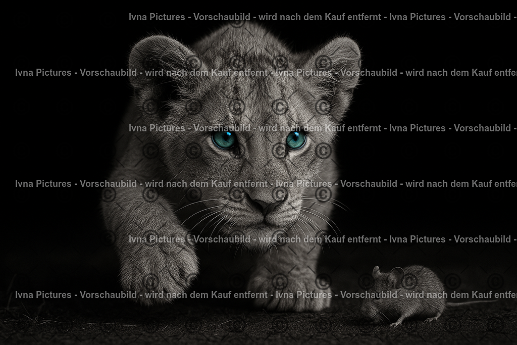 Erster Jagdinstink | Ein junges Löwenbaby fixiert mit strahlend blauen Augen eine kleine Maus. Neugier, Spieltrieb und die ersten Schritte hin zur Jägerrolle des Königs der Savanne – festgehalten in einem spannenden Moment voller Konzentration. - Realisiert mit Pictrs.com