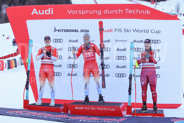 Audi FIS Ski World Cup: Men’s Slalom – Hahnenkamm Race, Kitzbuehel | Kitzbuehel, Austria, 25.Jan.26 - Alpine Skiing - FIS World Cup, Hahnenkamm Race, Slalom, men. The image shows VON ALLMEN Franjo (SUI, Head) second place, ODERMATT Marco (SUI, Stoeckli) first place and BABINSKY Stefan (AUT, Head) third place.