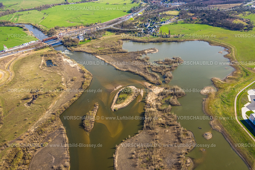 Wesel240310589 | Luftbild, Lippemündungsraum NSG Naturschutzgebiet Lippemündung, Brücke am Lippeschlößchen und Eisenbahnbrücke, Wesel, Nordrhein-Westfalen, Deutschland