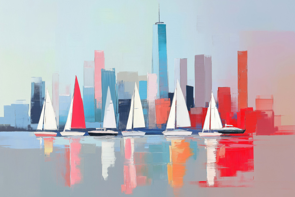 2501032 - Segeln vor Manhattan | Segelboote vor einer abstrakten New York Skyline im Stil eines Gemäldes.