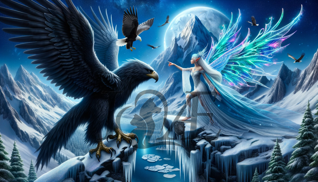 DALL_E 2023-10-06 17.11.30 - Ultra-realistic portrayal of the elven lady with neon fairy wings extending her arm towards the black griffin_ set against the backdrop of a snow-cove | psy4fly - Realisiert mit Pictrs.com