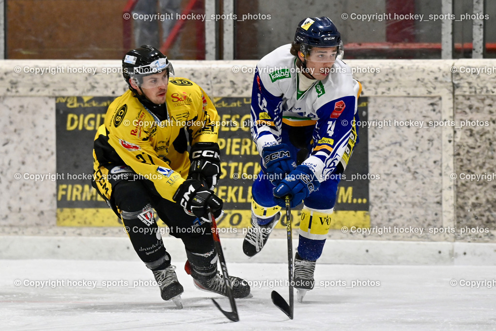 MET PHOTOVOLTAIK HORNETS SPITTAL vs. EC VSV juniors U20  | #27 Moser Daniel EC Hornets Spittal, #14 Tschurnig Christof EC VSV juniors U20, MET PHOTOVOLTAIK HORNETS SPITTAL vs. EC VSV juniors U20 , MET PHOTOVOLTAIK HORNETS SPITTAL vs. EC VSV juniors U20  am 05.11.2024 in Spittal an der Drau (Goldeck Stadion), Austria, (Photo by Bernd Stefan)