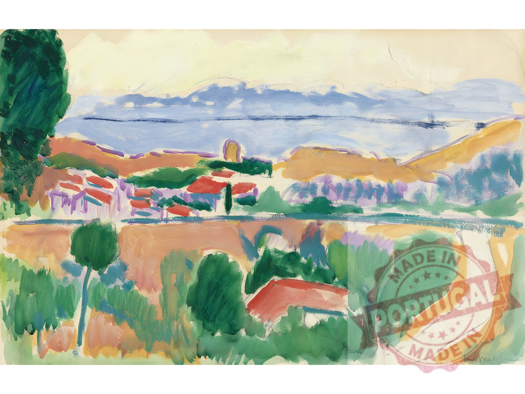Henri Matisse landscape painting of French Riviera village. Henri Matisse | Henri Matisse painting showing a colorful Fauvist landscape with hills, houses, and the sea - Realized with Pictrs.com