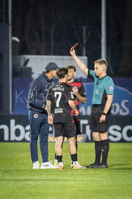 Third Division, FC Viktoria Köln vs Rot-Weiss Essen, 22.03.2026 | KÖLN, GERMANY - MARCH 22:  Red card after the game for Kristopher Fetz (assistant coach, Viktoria Köln) during the third division match on gameday 30 between FC Viktoria Köln vs Rot-Weiss Essen at Sportpark Höhenberg on March 22, 2026 in Köln, Germany. DFL REGULATIONS PROHIBIT ANY USE OF PHOTOGRAPHS AS IMAGE SEQUENCES AND/OR QUASI-VIDEO.