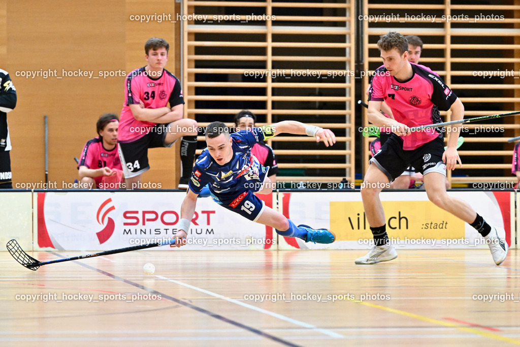 VSV Unihockey vs. Wiener Floorball Verein | #7 SCHEIDL Peter Wiener Floorballverein, #19 Philipp Seiser VSV Unihockey, VSV Unihockey vs. Wiener Floorball Verein, VSV Unihockey vs. Wiener Floorball Verein am 18.05.2025 in Villach (Ballspielhalle St. Martin), Austria, (Photo by Bernd Stefan)
