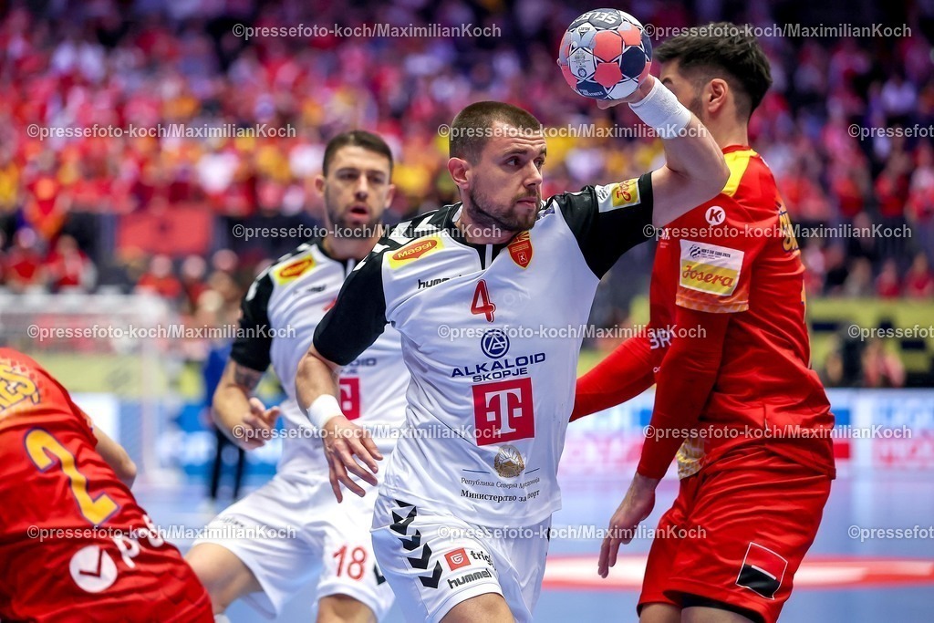 EHF20012601006 | 20.01.2026, Handball, Men's EHF EURO 2026, Nordmazedonien - Rumänien, Jyske Bank Boxen in Herning, Dänemark, Preliminary Round:  Martin Velkovski (North Macedonia #04) 
