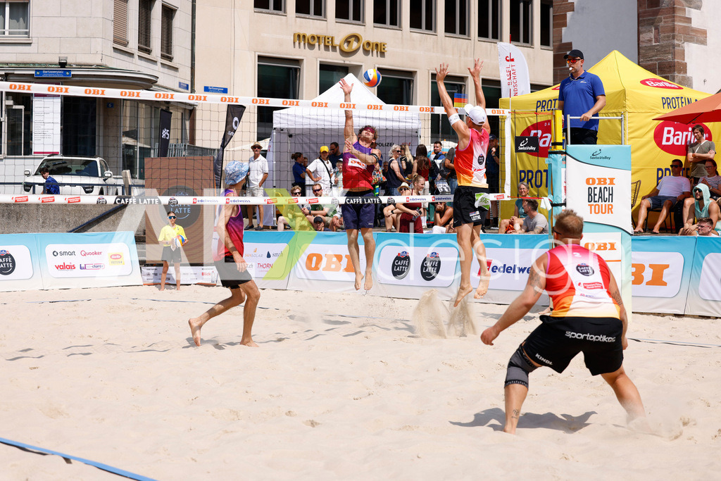 Obi BeachTour 2026 - Basel | BASEL, SWITZERLAND - JULY 19: YVES HAUSSENER (SUI) attack / spike during the Obi BeachTour 2026 match between HAGENBUCH / HAUSSENER (SUI) and LEITNER / KINDL (AUT) at Barfüsserplatz on July 19, 2026 in Basel, Switzerland. - Realisiert mit Pictrs.com