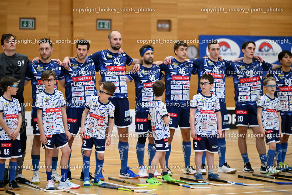 VSV Unihockey vs. Wiener Floorballferein 6.4.2024 | #94 Karl Dorfer VSV Unihockey, #5 Michael Kanduth VSV Unihockey, #6 Timo Schmid VSV Unihockey, #13 Jan Sláma VSV Unihockey, #14 Michael Klemm VSV Unihockey, #16 Manuel Flaschberger VSV Unihockey, #19 Philipp Seiser VSV Unihockey, #20 David Gredler VSV Unihockey, VSV Unihockey vs. Wiener Floorballferein 6.4.2024, VSV Unihockey vs. Wiener Floorballferein  am 06.04.2024 in Villach (Ballspielhalle St. Martin), Austria, (Photo by Bernd Stefan)