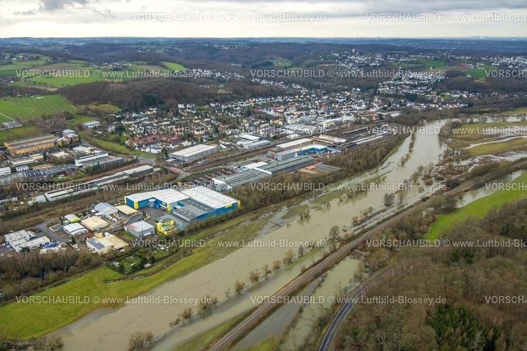 Wetter231201831Ruhr-topaz | Luftbild, Ruhrhochwasser, Weihnachtshochwasser 2023, Fluss Ruhr tritt nach starken Regenfällen über die Ufer, Überschwemmungsgebiet NSG Ruhraue Gedern und Blick auf den Ortsteil Wetter-Wengern, Westende, Herdecke, Ruhrgebiet, Nordrhein-Westfalen, Deutschland