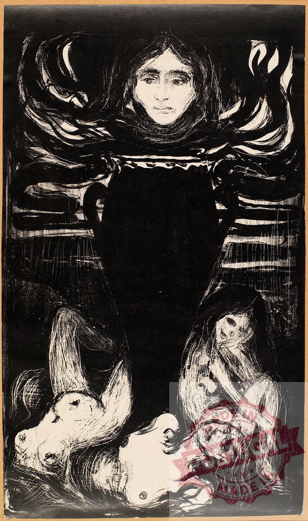 Edvard Munch The Urn symbolizing anxiety and despair | Edvard Munch Edvard Munch’s woodcut depicting a woman and suffering figures emerging from an urn representing death - Realized with Pictrs.com