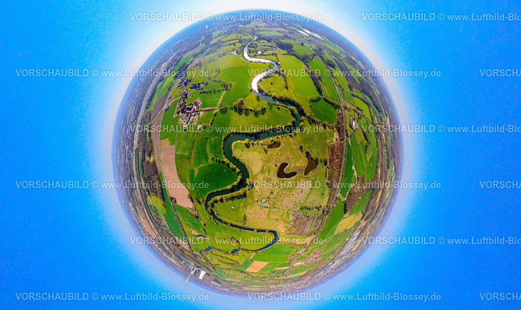 Werne250490039LippeAuenWest | Luftbild, Fluss Lippe Mäander Lippeauen von Werne bis Heil, Landwirtschaftsbetrieb Landwirt Heinz-Dieter Kortenbruck, Erdkugel, Fisheye Aufnahme, Fischaugen Aufnahme, 360 Grad Aufnahme, tiny world, little planet, fisheye Bild, Langern, Werne, Ruhrgebiet, Nordrhein-Westfalen, Deutschland