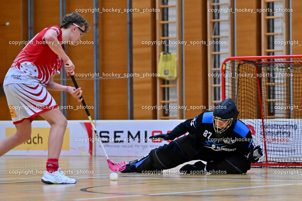 VSV Unihockey vs. KAC Floorball | #29 Sebastian Flaschberger KAC Floorball, #87 Timmo Taurer VSV Unihockey, Penalty, VSV Unihockey vs. KAC Floorball, VSV Unihockey vs. KAC Floorball am 12.04.2025 in Villach (Ballspielhalle St. Martin), Austria, (Photo by Bernd Stefan)