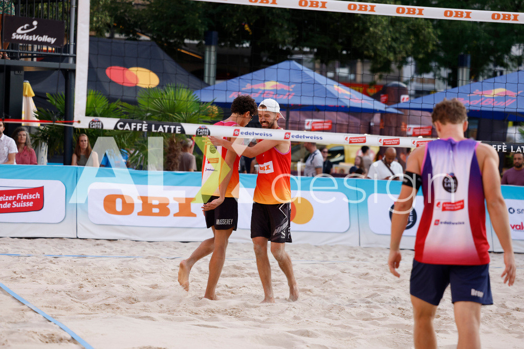 Obi BeachTour 2026 - Basel | BASEL, SWITZERLAND - JULY 18: TINKO SCHNEGG (SUI) and MAËL MASSEREY (SUI) during the Obi BeachTour 2026 match between MASSEREY / SCHNEGG (SUI) and BREER / KÄLIN (SUI) at Barfüsserplatz on July 18, 2026 in Basel, Switzerland. - Realisiert mit Pictrs.com