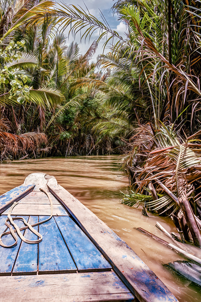 Wasserkokosnuss-Dschungel | Vietnam | Premium-Wandbild von justsomewhere.com: Die beeindruckende First-Person-Perspektive vom blauen Bug eines traditionellen Holzbootes, das durch einen schmalen, von dichten Wasserkokospalmen gesäumten Flusslauf in Vietnam navigiert. - Realisiert mit Pictrs.com
