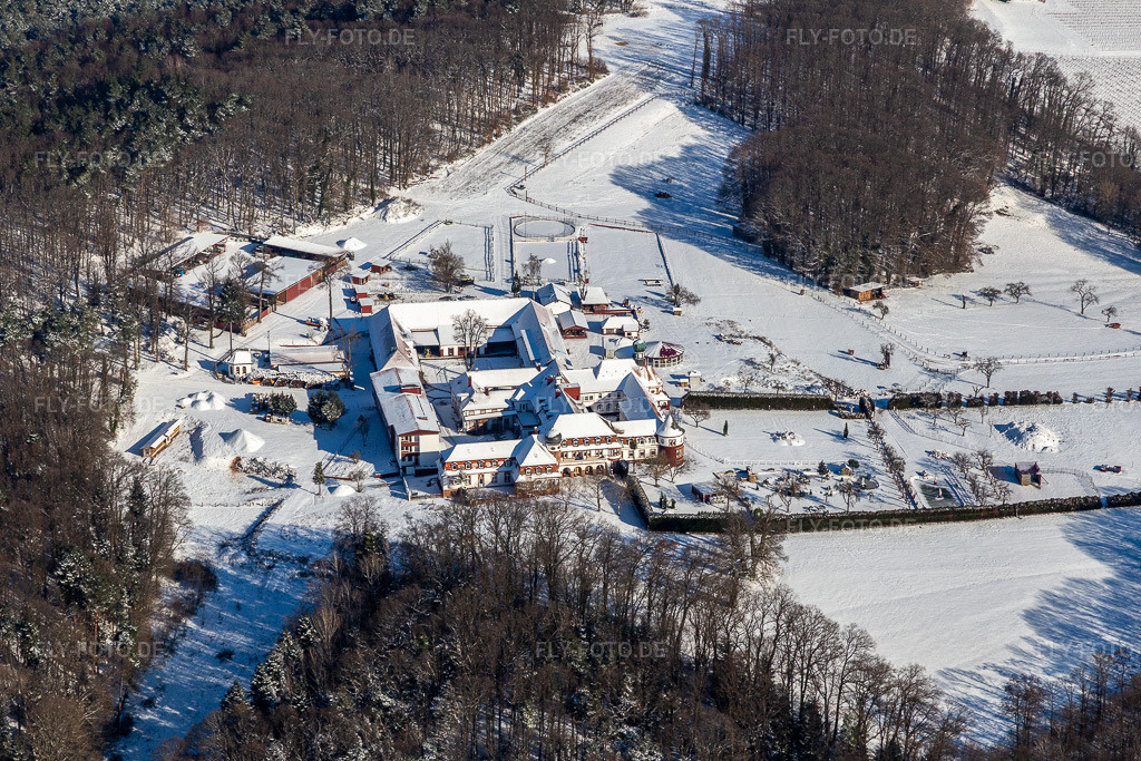 Luftbild: Winterluftbild im Schnee vom Kloster Liebfrauenberg in Bad Bergzabern im Bundesland Rheinland-Pfalz in Deutschland. Foto: IMG_124398.jpg vom 11.02.2021 durch Werner Riehm/FLY-FOTO.de