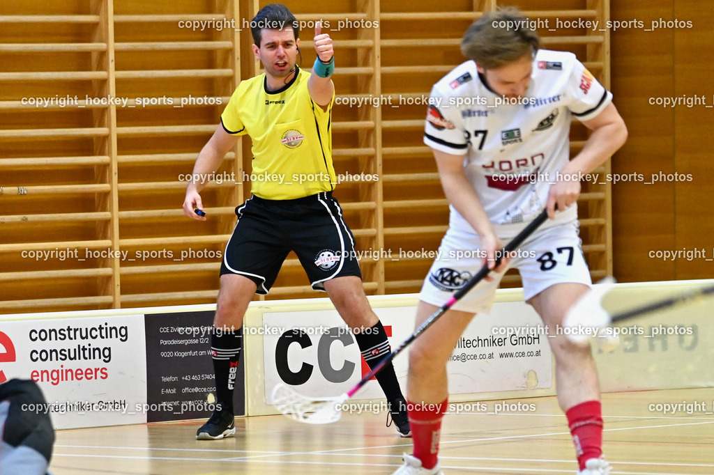 VSV Unihockey vs. KAC Floorball | Christoph Gruber Referee, #87 Fabian Grabner KAC Floorball, VSV Unihockey vs. KAC Floorball, VSV Unihockey vs. KAC Floorball am 28.03.2026 in Villach (Ballspielhalle St. Martin), Austria, (Photo by Bernd Stefan)