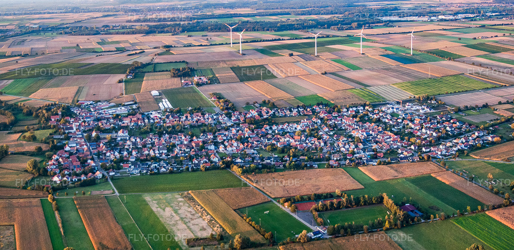 Luftbild: Dorfpanorama aus Süden in Minfeld im Bundesland Rheinland-Pfalz in Deutschland. Foto: IMG_53800-Bearbeitet.jpg vom 30.09.2012 durch Werner Riehm/FLY-FOTO.deAuflösung des Originals: 5902 x 2870 px