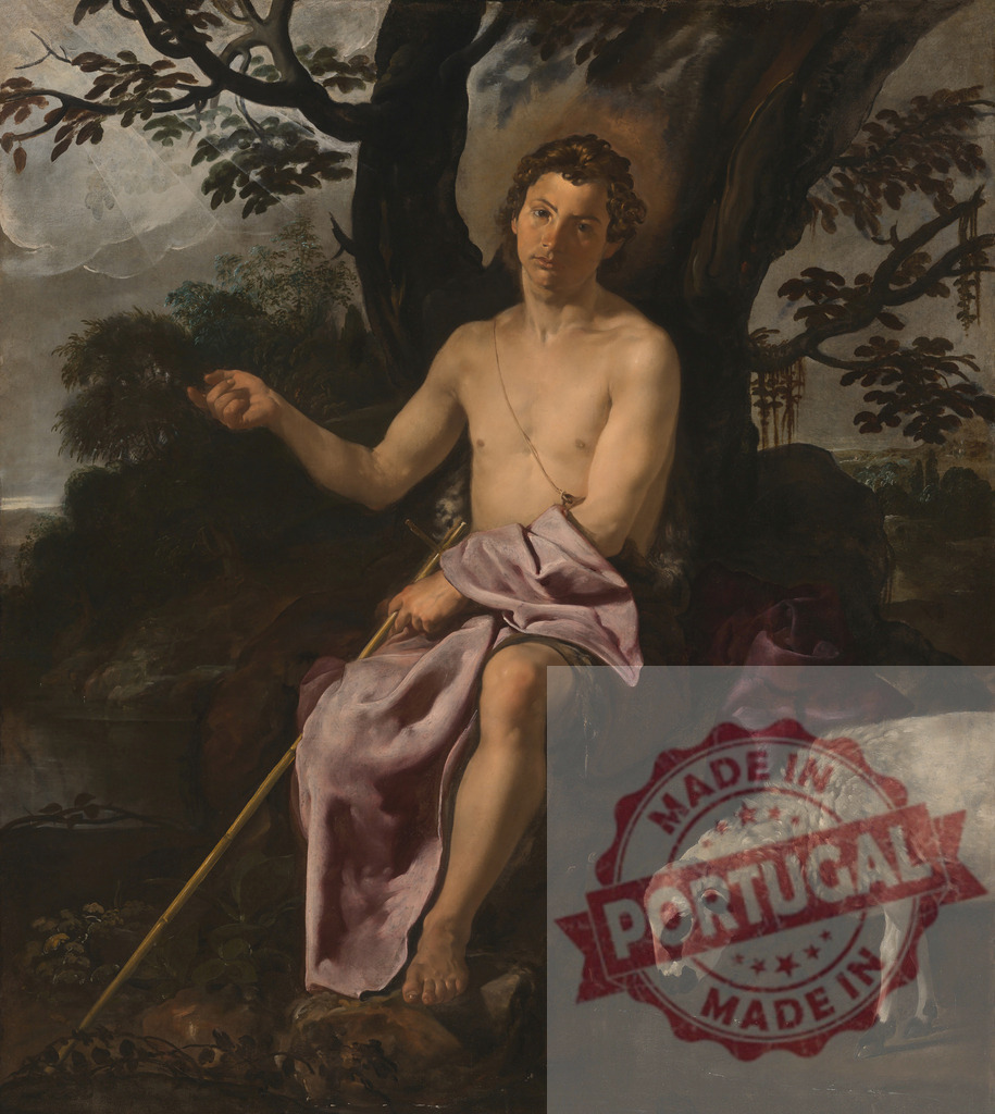 Diego Velazquez Saint John the Baptist depicting devotion and sacrifice | Saint John the Baptist with a staff and halo beside a lamb under a tree - Realized with Pictrs.com