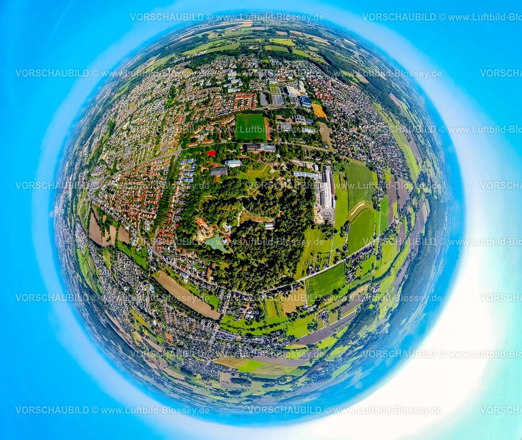 Hamm240890506MaximilianParkWerries | Luftbild, Wohngebiet Ortsteil Werris mit Maximilianpark, MaxiPark Freizeitpark, Erdkugel, Fisheye Aufnahme, Fischaugen Aufnahme, 360 Grad Aufnahme, tiny world, little planet, fisheye Bild, Uentrop, Hamm, Ruhrgebiet, Nordrhein-Westfalen, Deutschland