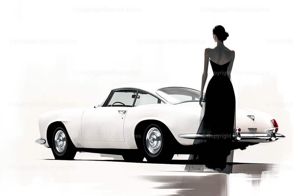 Luxusauto mit eleganter Frau | Oldtimer mit Frau gezeichnet