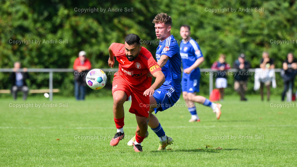 SpVg Eidertal Molfsee vs FC Kilia Kiel | Tom Lemke (Molfsee #14) / Serhat Yazgan (Kilia #30) - Fußball-Oberliga Männer 2024/2025 / SpVg Eidertal Molfsee vs FC Kilia Kiel / Platz A / Molfsee / 25.08.24 - Realisiert mit Pictrs.com