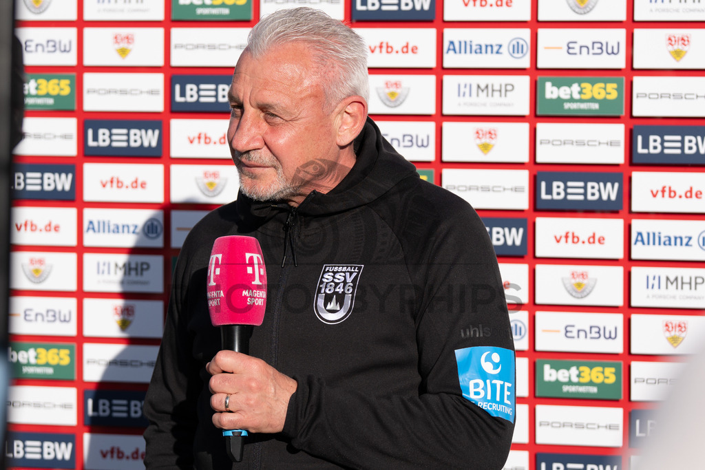 VfB Stuttgart II vs. SSV Ulm 1846 Fussball, Fussball, 3. Liga, 32. Spieltag, 08.04.2026 | Pavel Dotchev (Trainer SSV Ulm 1846 Fussball) vor der Partie im Interview,VfB Stuttgart II vs. SSV Ulm 1846 Fussball, Fussball, 3. Liga, 32. Spieltag, 08.04.2026DFB regulations prohibit any use of photographs as image sequences and/or quasi-video