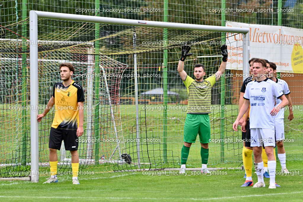 SV Arnoldstein vs. ATUS Velden | #3 Marco Knezevic SV Arnoldstein, #1 Moritz Zimmermann SV Arnoldstein, #23 Ralph Scheer ATUS Velden, SV Arnoldstein vs. ATUS Velden, SV Arnoldstein vs. ATUS Velden am 16.09.2025 in Arnoldstein (Waldparkstadion Arnoldstein), Austria, (Photo by Bernd Stefan)