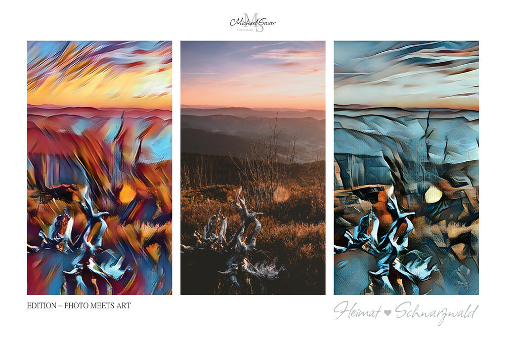 Edition “PHOTO MEETS ART” | Die Edition “PHOTO MEETS ART” ist eine außergewöhnliche Schwarzwald-Bildergalerie für alle Kunstliebhaber. Bei diesen Werken handelt es sich um exklusive Digitalkunst, bei denen mittels künstlicher Intelligenz neue Visualisierungen erschaffen wurden. Das Ergebnis ist eine 3er-Bild-Collage mit der realen Fotografie im Zentrum, flankiert von zwei unterschiedlichen Kunststilen. Natürlich ausschließlich mit Bildern aus dem Schwarzwald! - Realisiert mit Pictrs.com