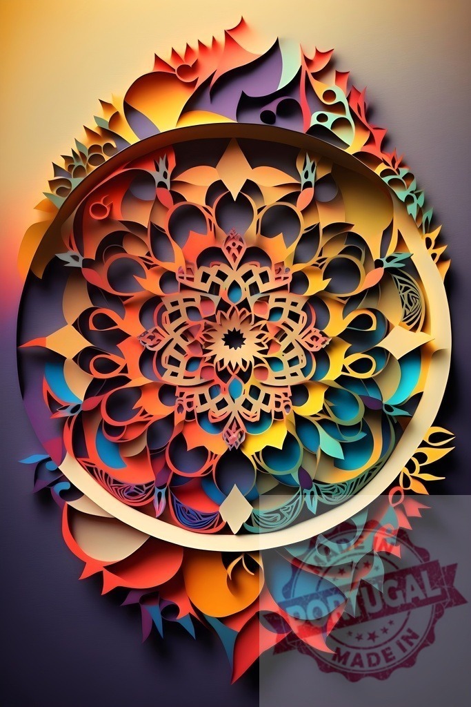 Colorful paper cutout mandala pattern with geometric shapes | Colorful paper layers forming an intricate geometric mandala pattern on a dark background - Realisiert mit Pictrs.com