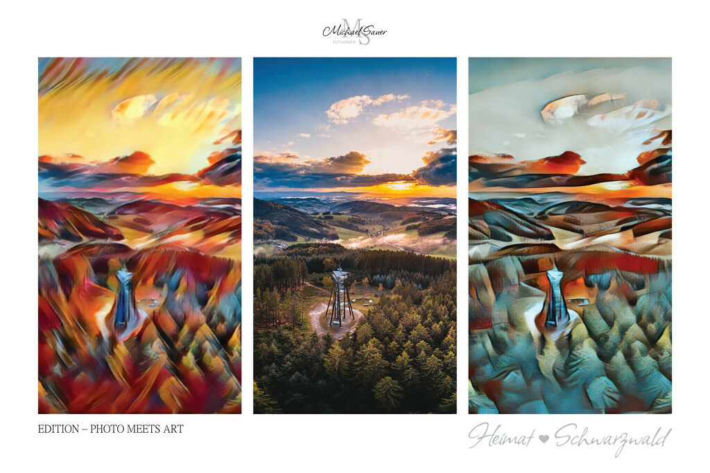 Edition “PHOTO MEETS ART” | Die Edition “PHOTO MEETS ART” ist eine außergewöhnliche Schwarzwald-Bildergalerie für alle Kunstliebhaber. Bei diesen Werken handelt es sich um exklusive Digitalkunst, bei denen mittels künstlicher Intelligenz neue Visualisierungen erschaffen wurden. Das Ergebnis ist eine 3er-Bild-Collage mit der realen Fotografie im Zentrum, flankiert von zwei unterschiedlichen Kunststilen. Natürlich ausschließlich mit Bildern aus dem Schwarzwald! - Realisiert mit Pictrs.com