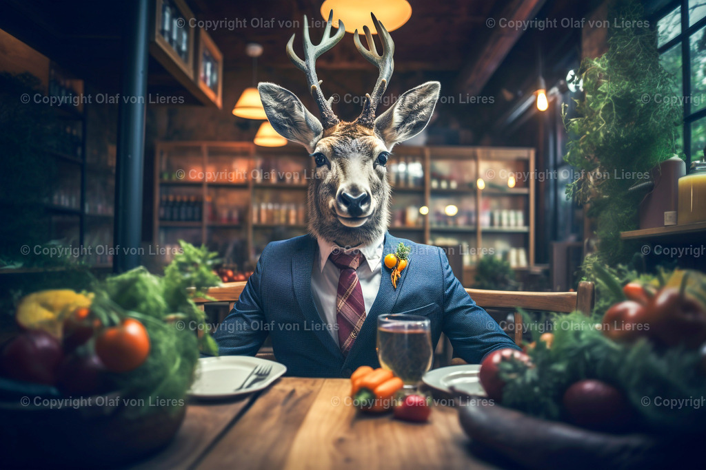 Hirsch mit Geweih im Restaurant | Damwild bei der Fütterung