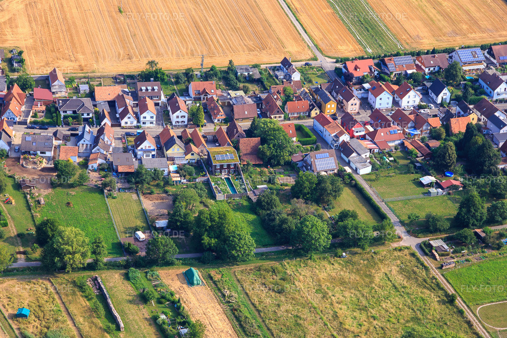 Luftbild: Burgweg x Dorfbach in Freckenfeld im Bundesland Rheinland-Pfalz in Deutschland. Foto: IMG_109002.jpg vom 15.07.2018 durch Werner Riehm/FLY-FOTO.de