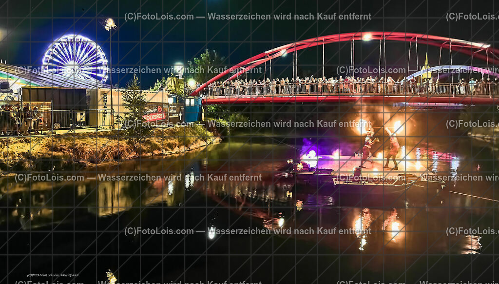 0542_Luftbild_VOLKSFEST-Wlbg_InselFeuer-Show | (C)FotoLois.com, Alois Spandl, Luftbild, Wieselburger VOLKSFEST neu, Feuershow auf der Erlaufinsel unter den Brücken, Do 29. Juni 2023.