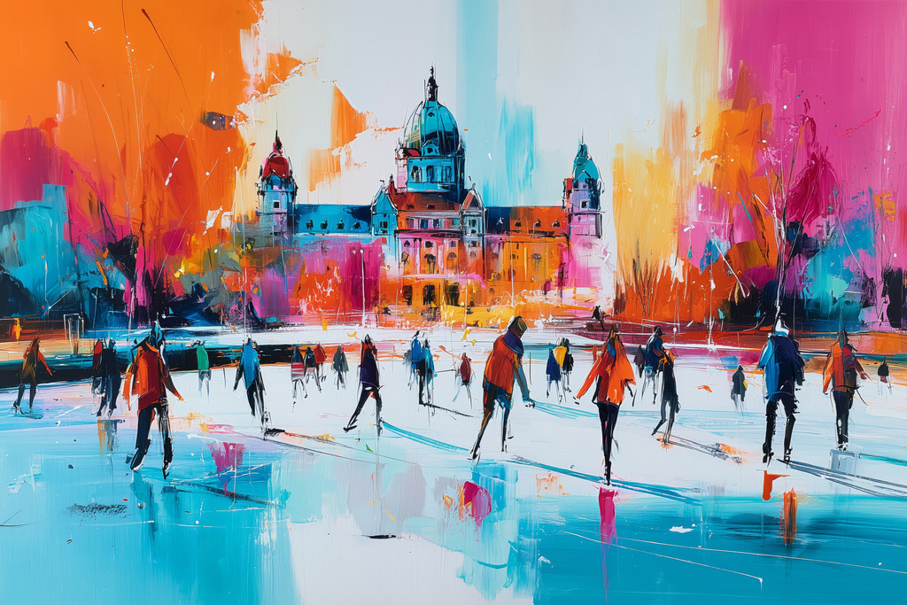 2605004 - Hannover im Winter | Das Bild fängt das pulsierende Treiben auf einer Eisfläche vor der Kulisse des Neuen Rathauses in Hannover ein. Durch die dynamische Pinselführung und die fast schon brennenden Farben in Orange und Pink verwandelt sich die Winterszene in ein energiegeladenes Spektakel. Die Menschen auf dem Eis sind keine detaillierten Figuren, sondern flüchtige Schatten, die die Bewegung und die Kälte der Luft spürbar machen.