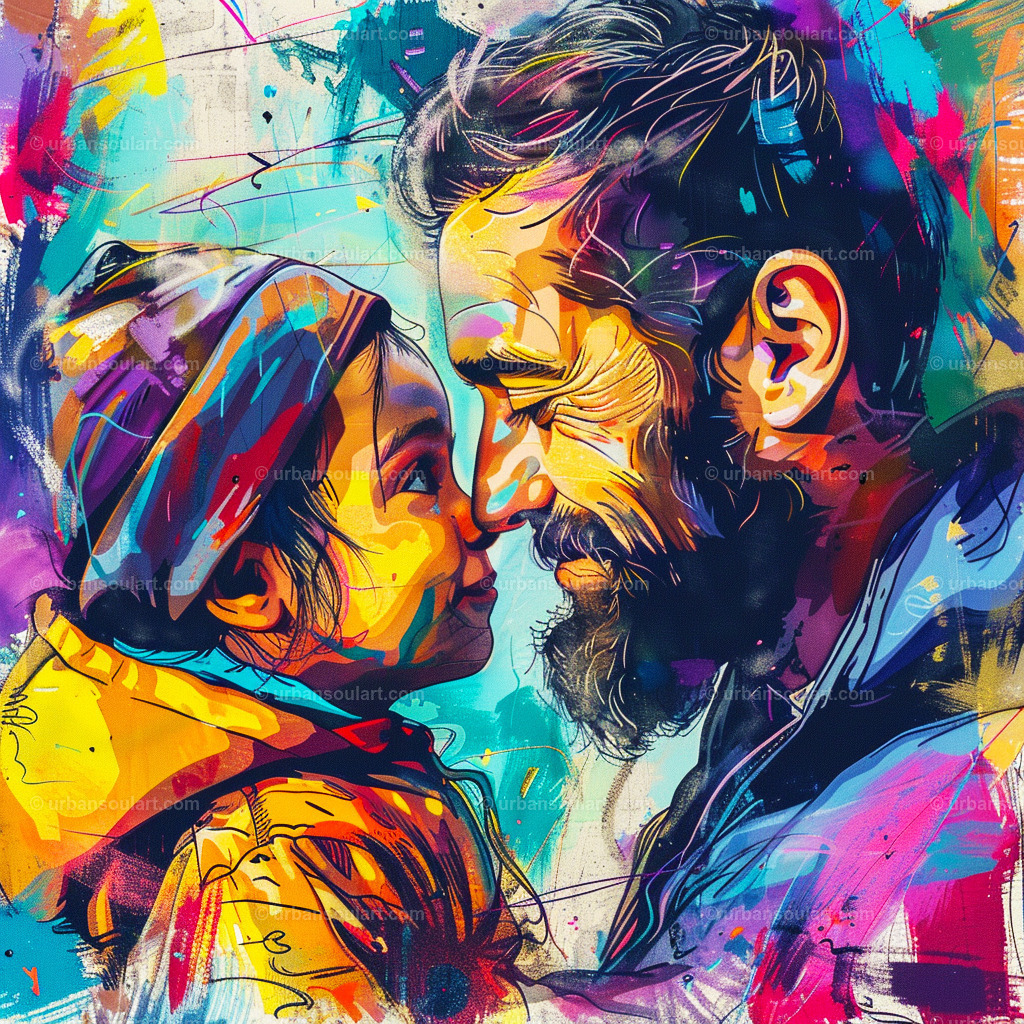 Father And Son Nose Kissing | This heartwarming piece captures a tender moment between father and son, symbolizing love and family bonds. Ideal for adding warmth and emotional depth to family-oriented spaces. - Realisiert mit Pictrs.com