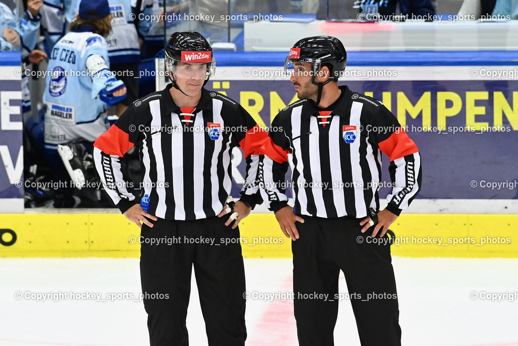 EC IDM Wärmepumpen VSV vs. HC Bozen 19.9.2023 | Piragic Trpimir, Sternat Christoph, Referees, win2day icehockeyleague, EC IDM Wärmepumpen - HC Bozen  am 19.09.2023 in Villach (Stadhalle Villach), Austria, (Photo by Bernd Stefan)